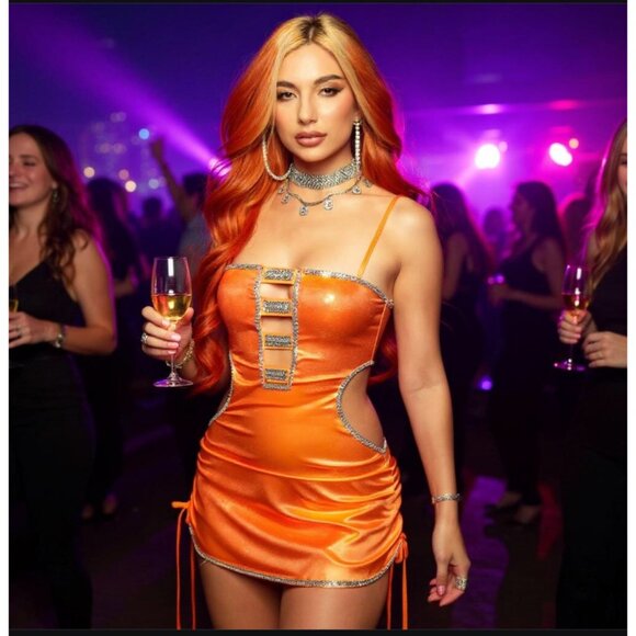 Yung Reaper Orange Rhinestone Mini Dress Cutout Details Adjustable Side Ties - Picture 3 of 6